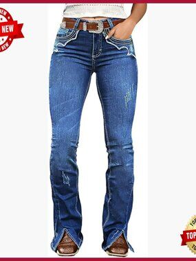 Mid Rise Bootcut Jeans Split Ripped Stitch Denim Pants Curvy Fit